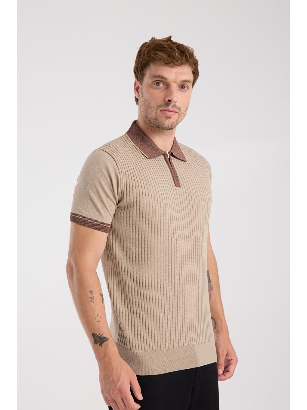 Bej Aclub Echo Örme Kumaş Viskon Karışımlı Slim Fit Vizon Polo Yaka Erkek Desenli Polo Shirt-5