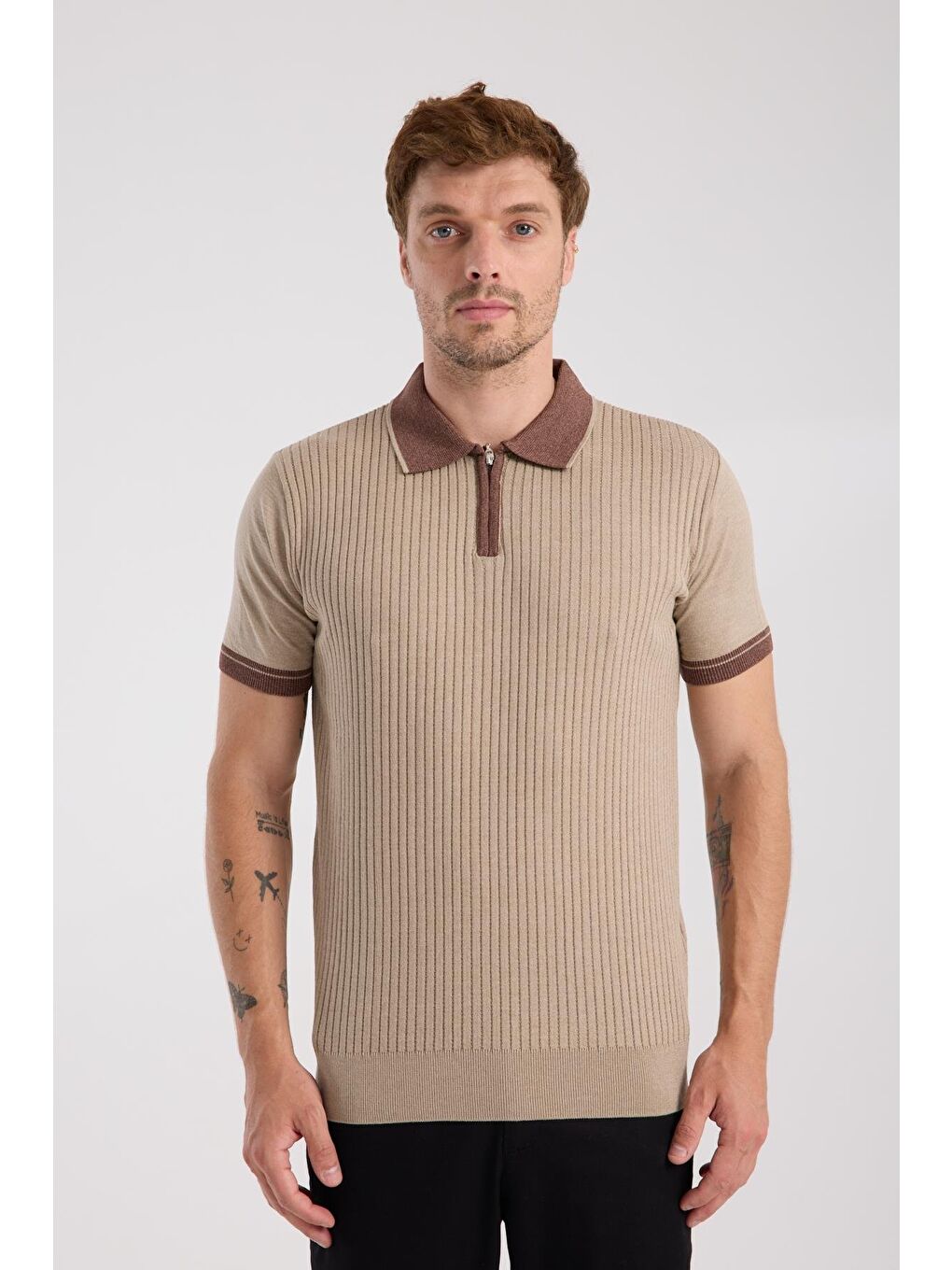 Bej Aclub Echo Örme Kumaş Viskon Karışımlı Slim Fit Vizon Polo Yaka Erkek Desenli Polo Shirt-6