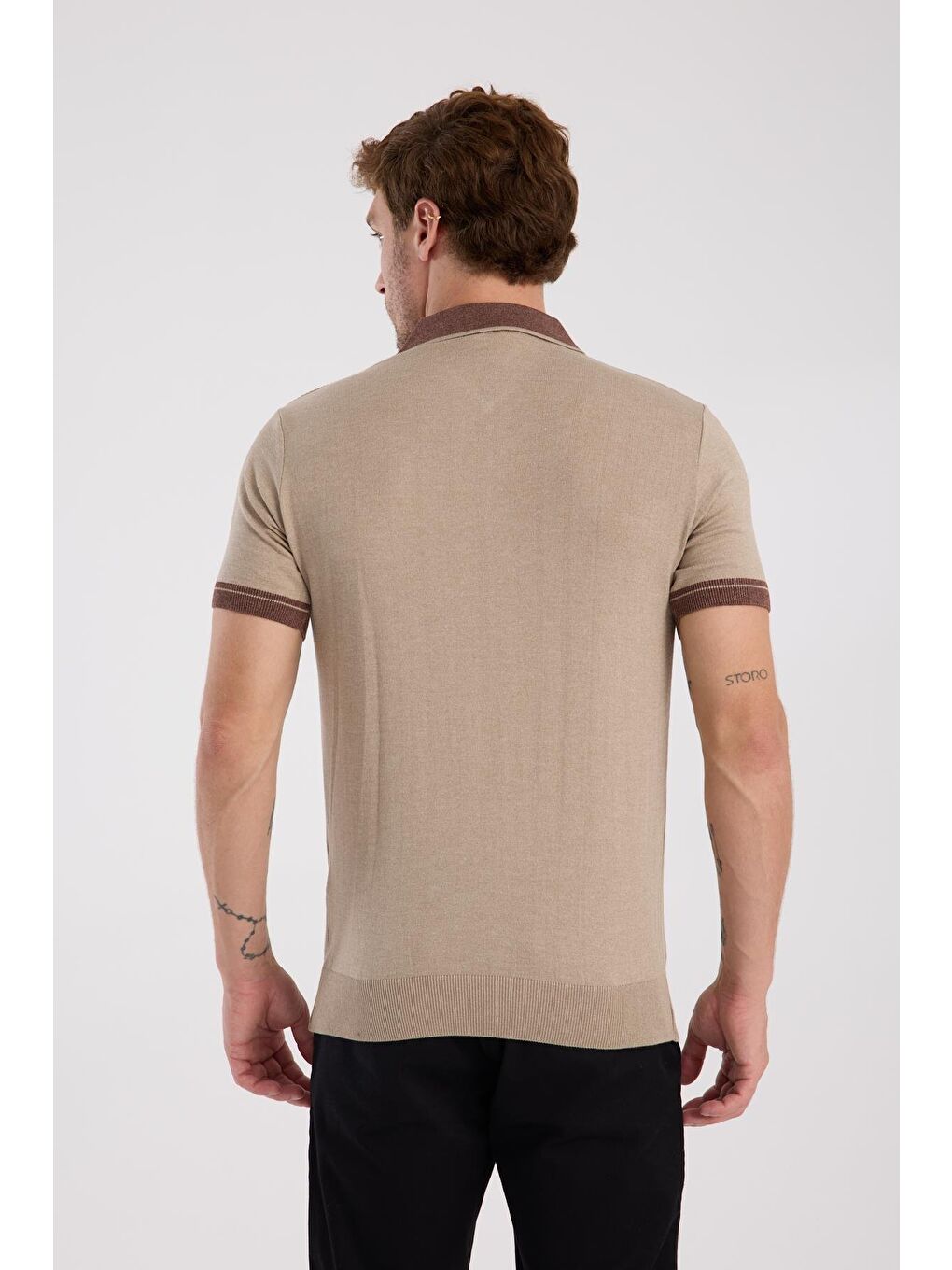 Bej Aclub Echo Örme Kumaş Viskon Karışımlı Slim Fit Vizon Polo Yaka Erkek Desenli Polo Shirt-7