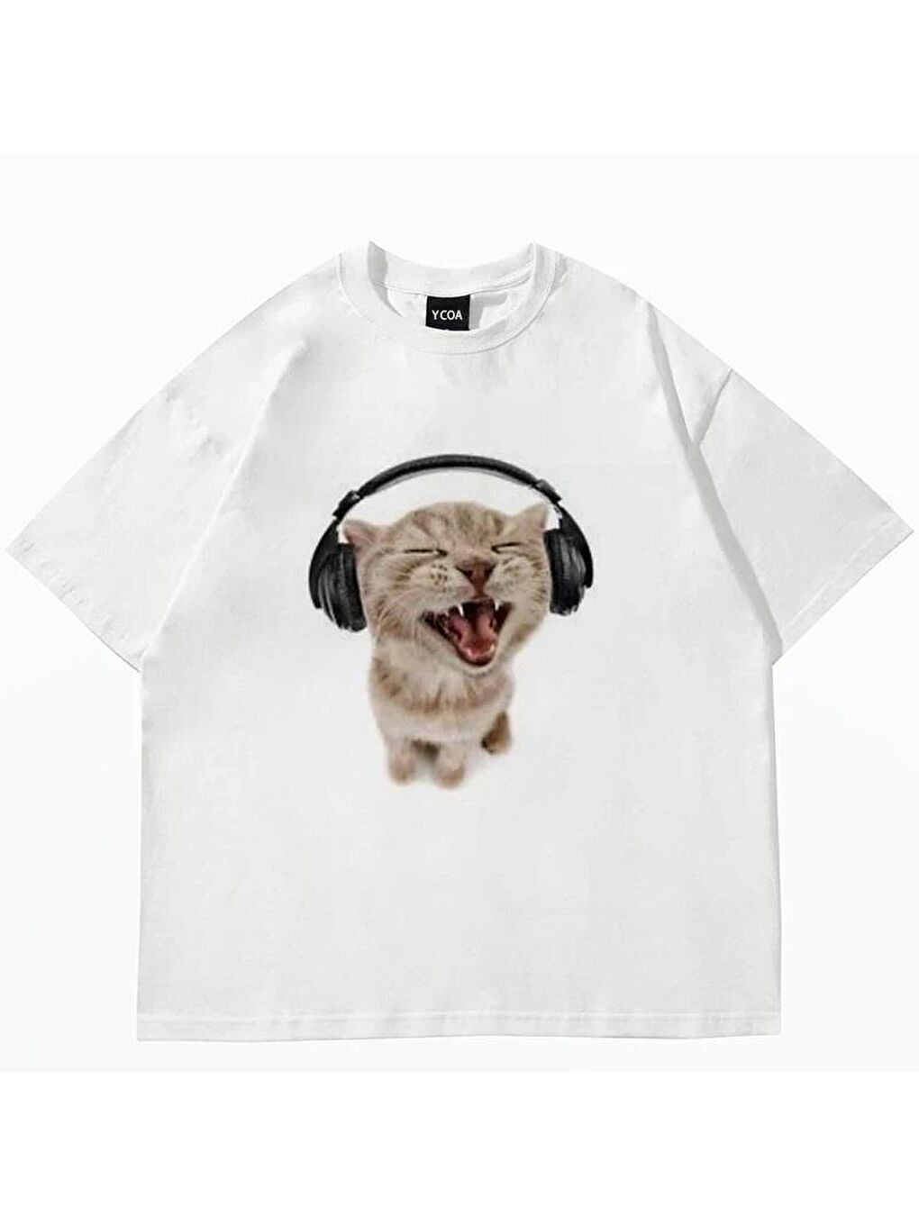 Y2k Kulaklıkla Müzik Dinleyen Kedi Baskılı Beyaz Unisex Oversize T-shirt