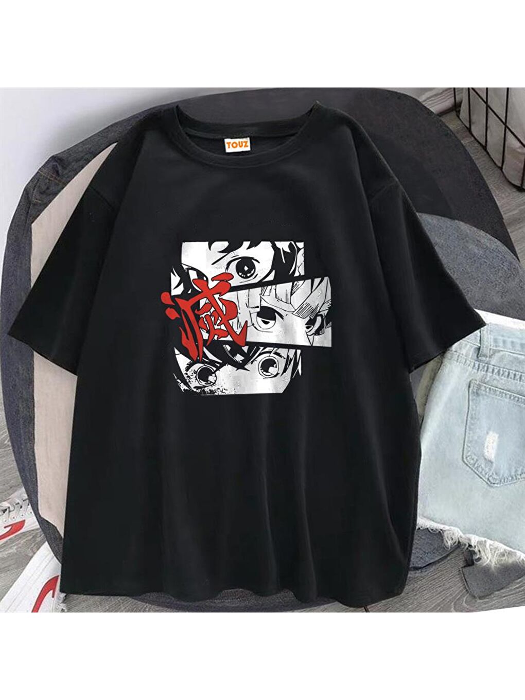 Touz Moda Siyah Demon Slayer Eyes Baskılı Siyah Unisex Oversize T-shirt - 1