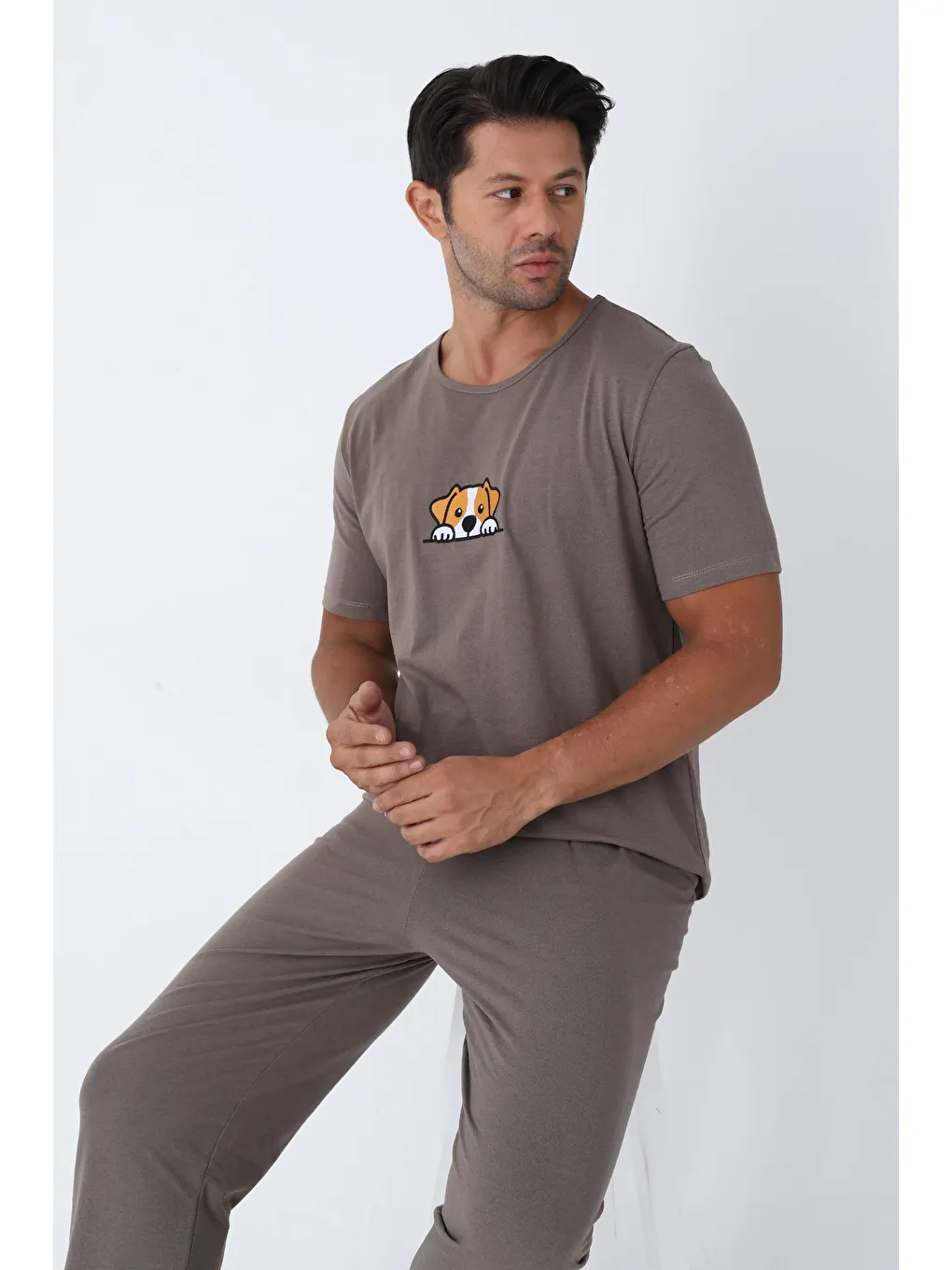 Kahverengi ERKEK KISA KOL ÖRME Büyük Beden Pijama Takımı 7503 - KAHVERENGİ-1