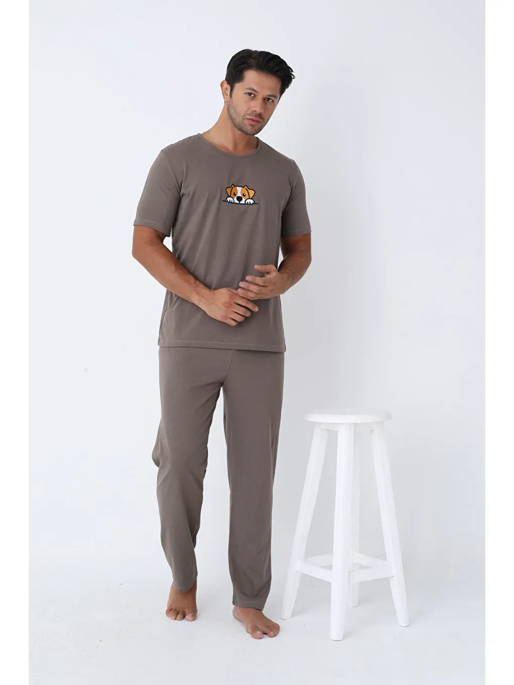 Kahverengi ERKEK KISA KOL ÖRME Büyük Beden Pijama Takımı 7503 - KAHVERENGİ-2