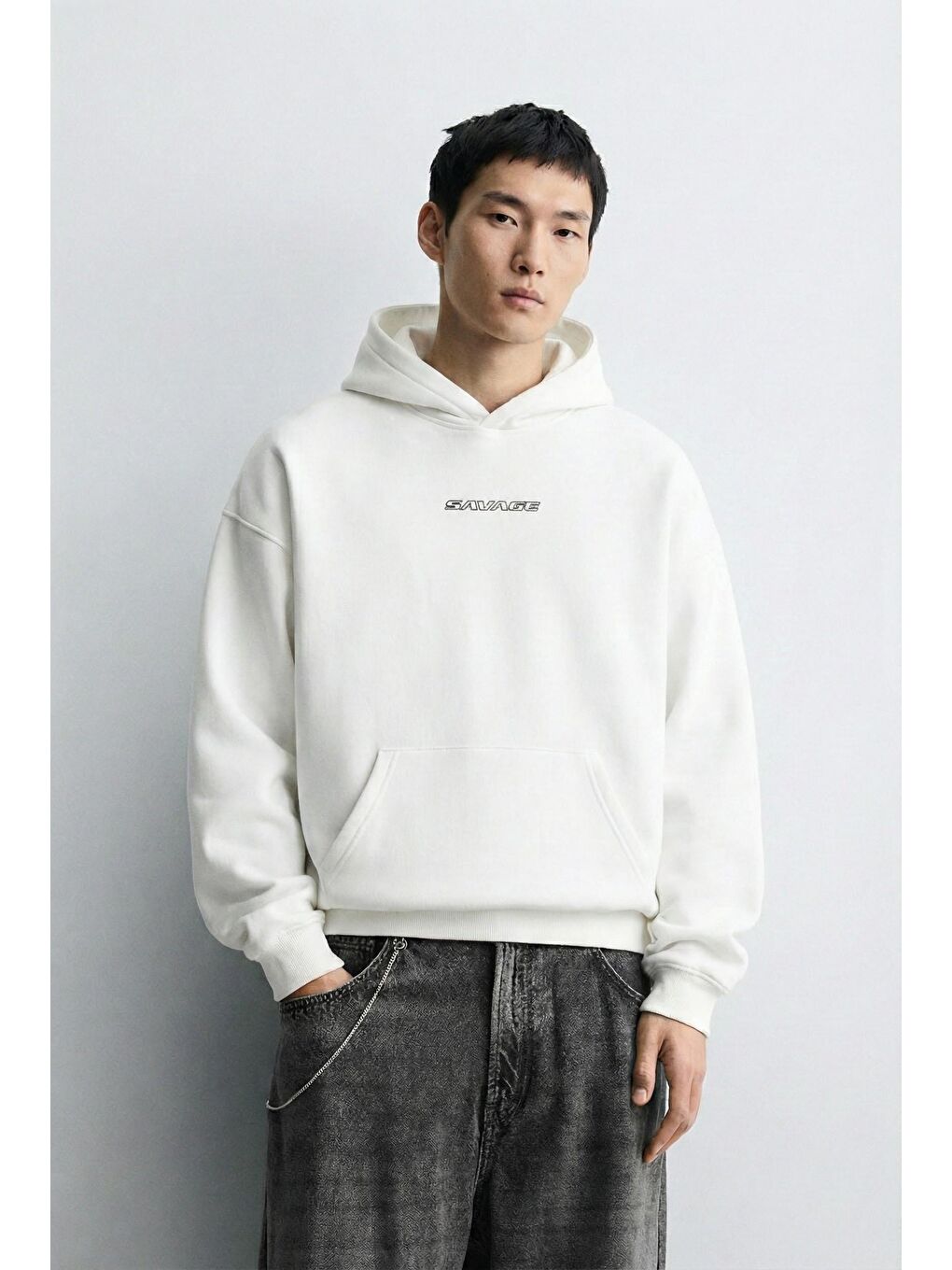 Erkek Oversize Savage Baskılı Premium Kapüşonlu Sweatshirt Ekru-1