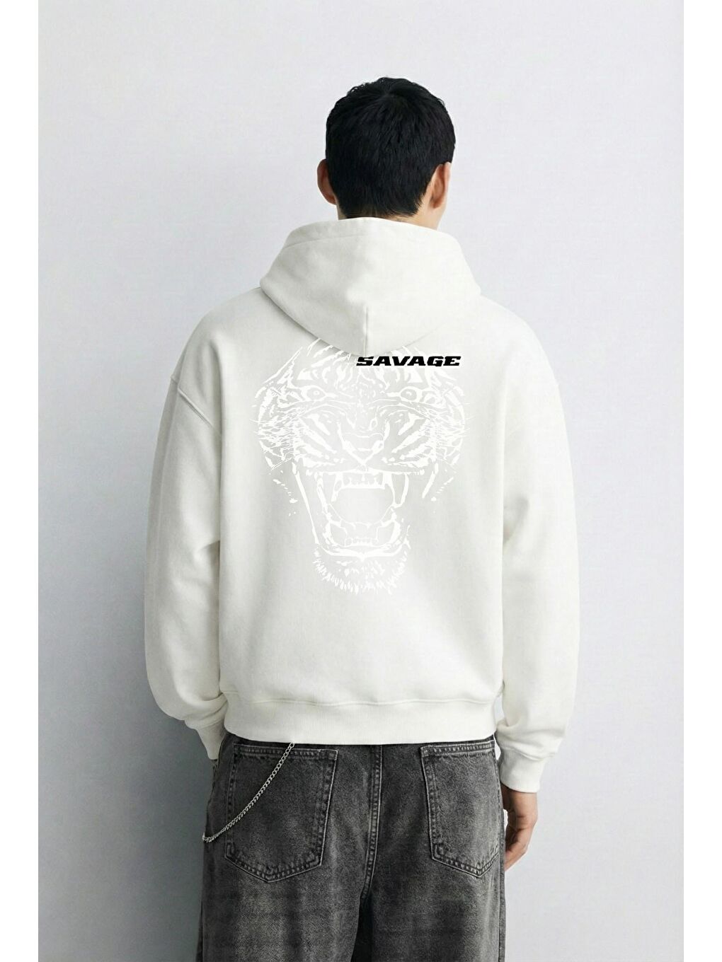 Erkek Oversize Savage Baskılı Premium Kapüşonlu Sweatshirt Ekru-3