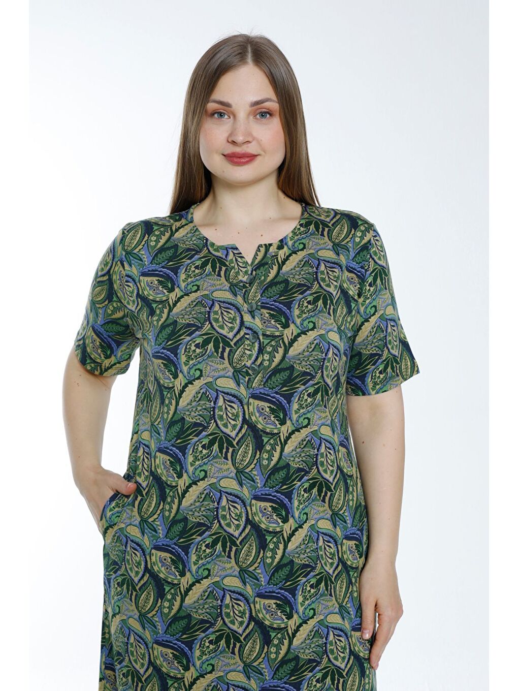 Yeşil Kadın büyük beden düğmeli cepli pamuklu kısa kollu elbise-1