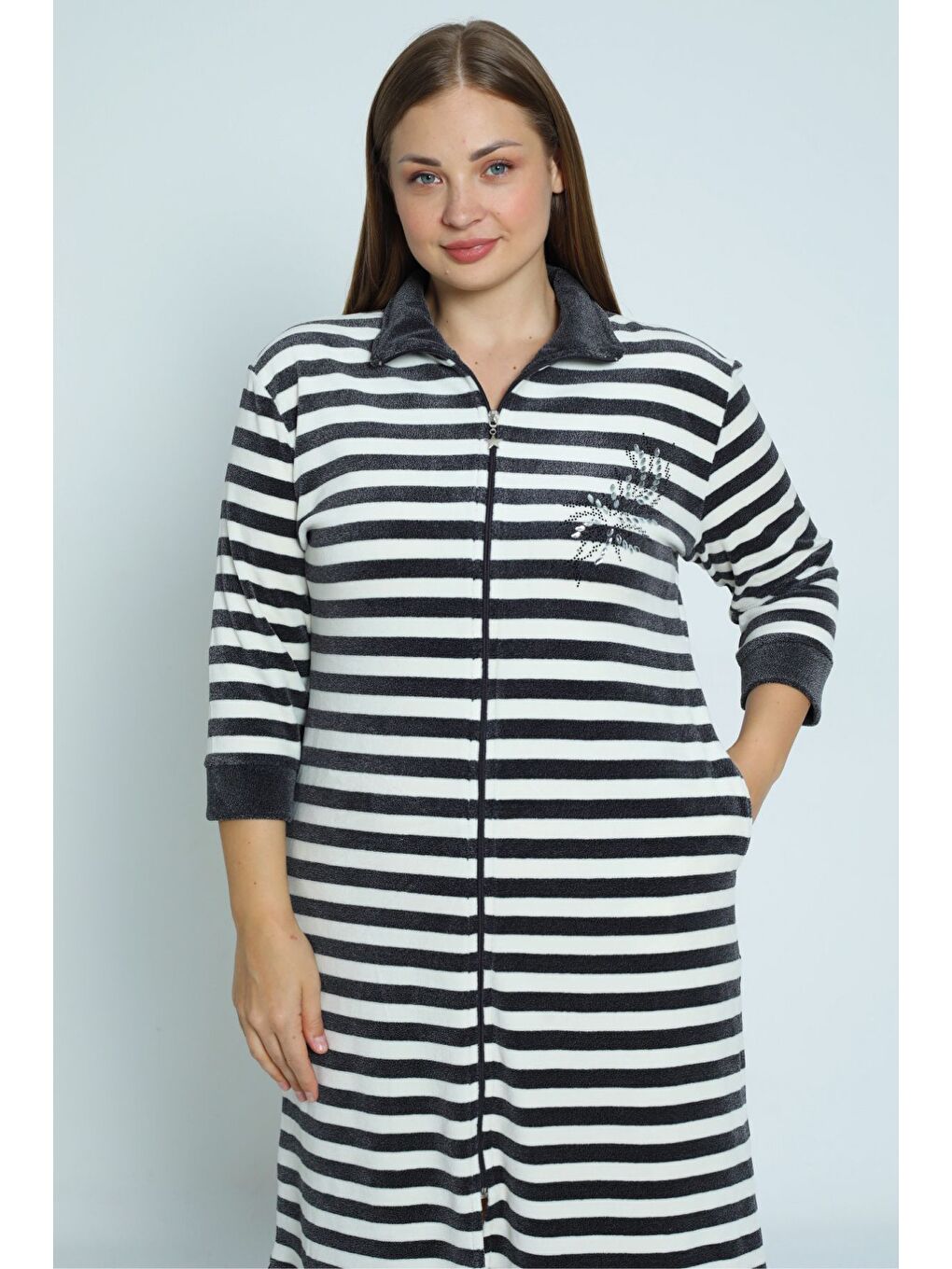 Karışık Kadın Kahverengi Çizgi Desenli Truvakar Kollu Taş Detaylı Pamuklu Kadife Büyük Beden Elbise-2