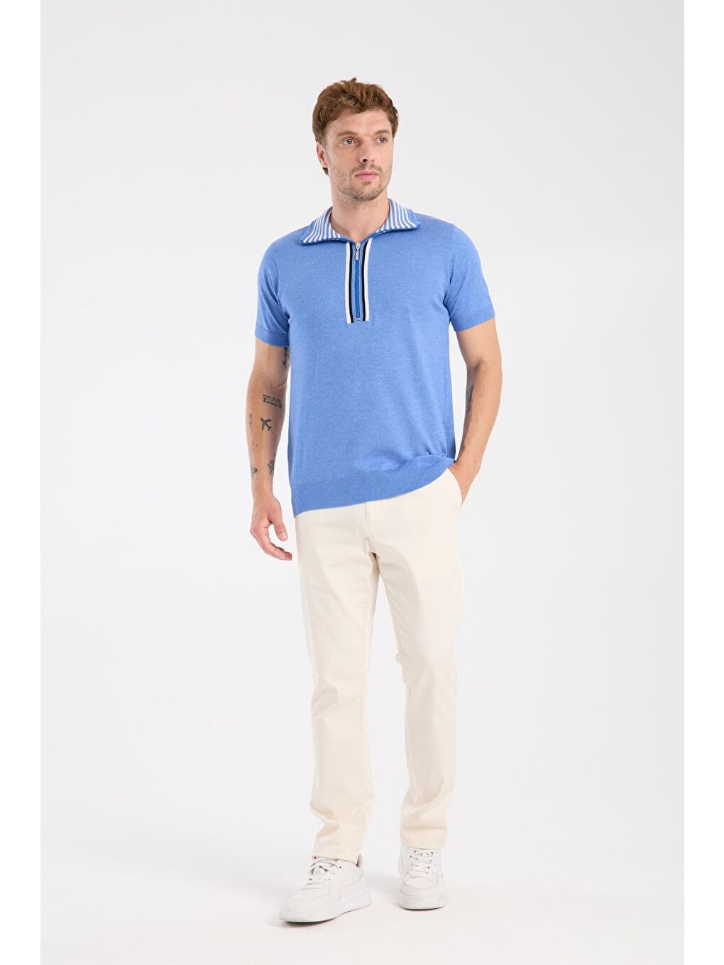 Aclub Foxtrot Örme Kumaş Viskon Karışımlı Slim Fit Mavi Dik Yaka Erkek Düz Polo Shirt-1