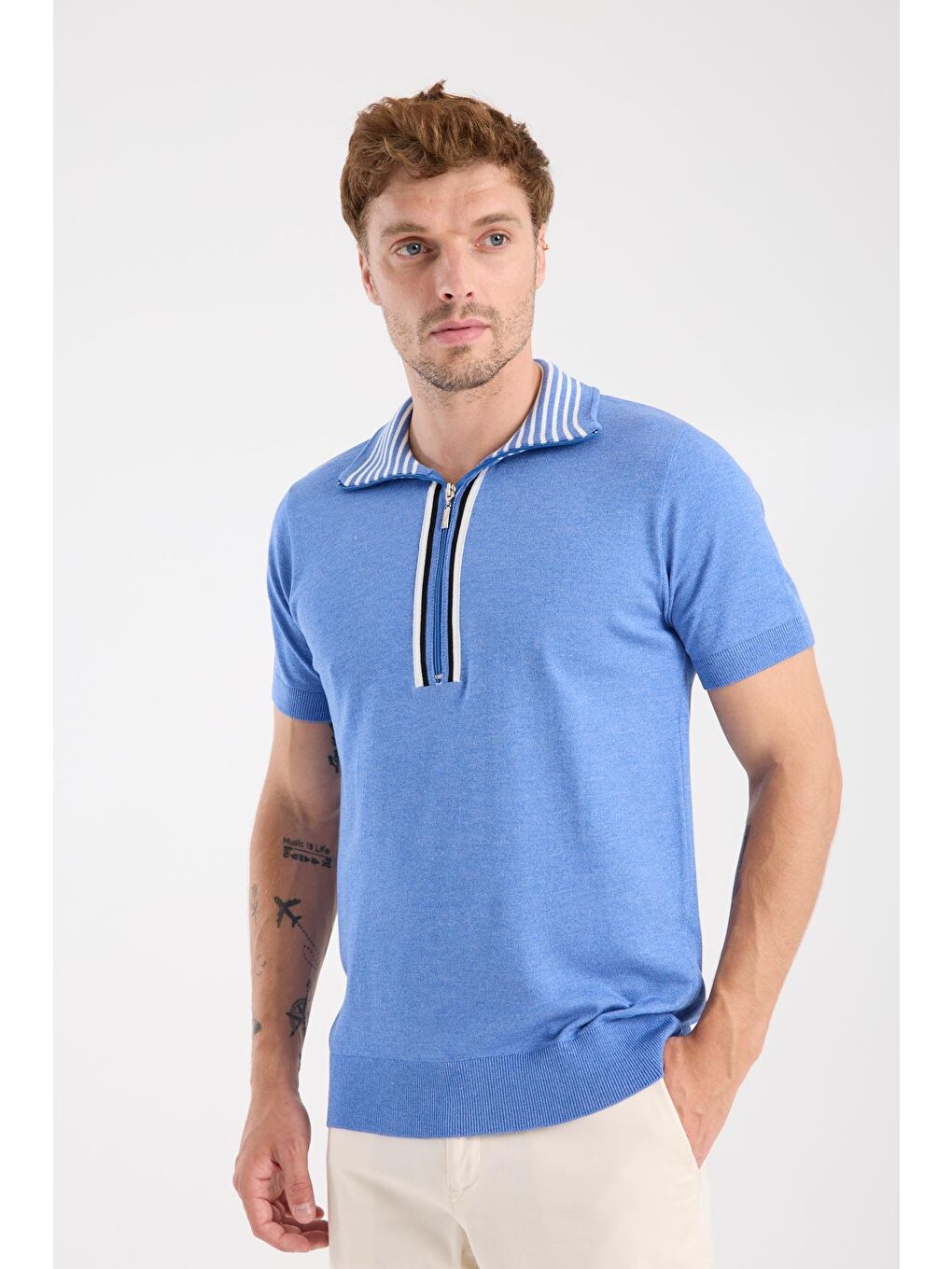 Aclub Foxtrot Örme Kumaş Viskon Karışımlı Slim Fit Mavi Dik Yaka Erkek Düz Polo Shirt-2