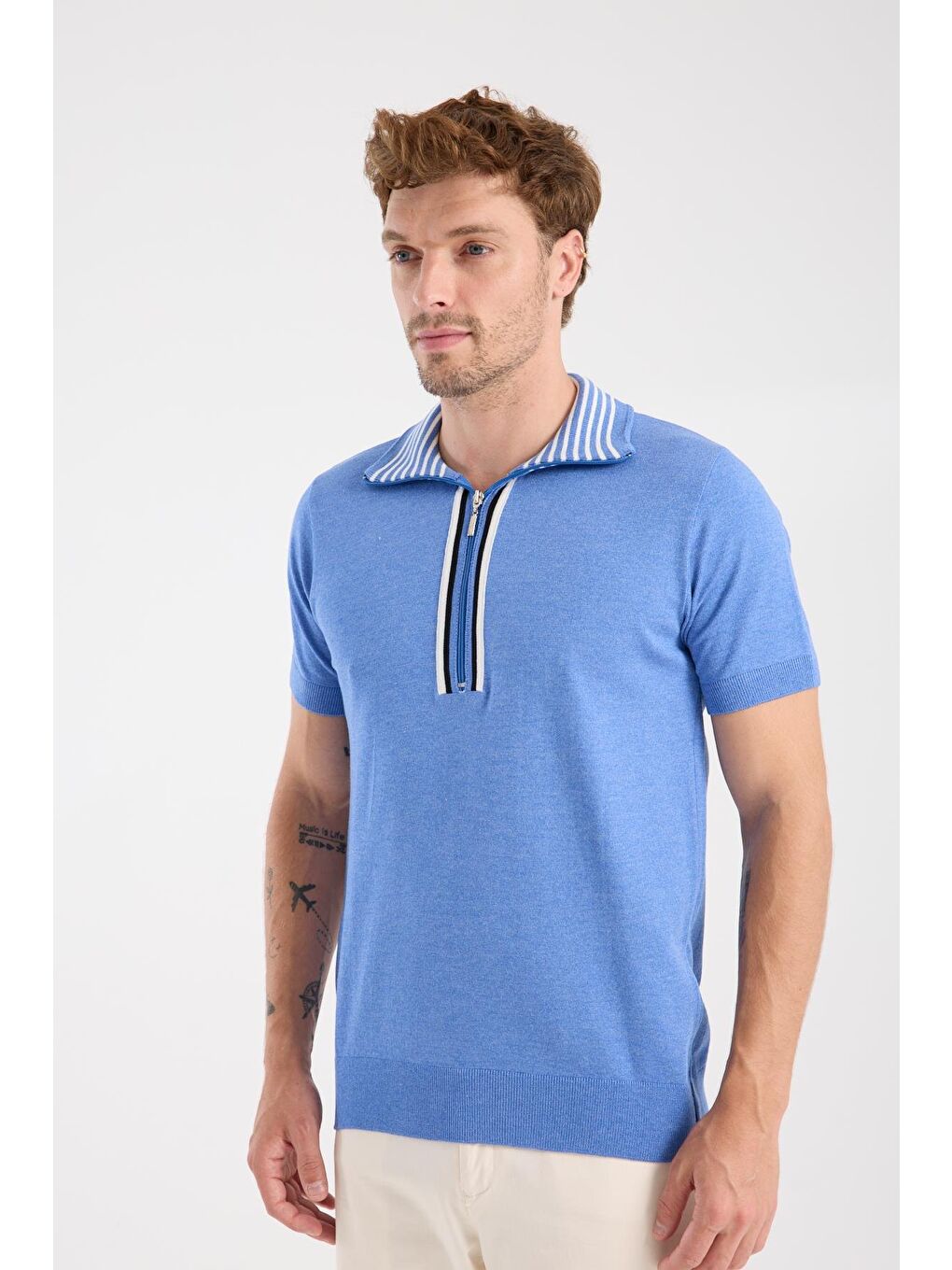 Aclub Foxtrot Örme Kumaş Viskon Karışımlı Slim Fit Mavi Dik Yaka Erkek Düz Polo Shirt-3