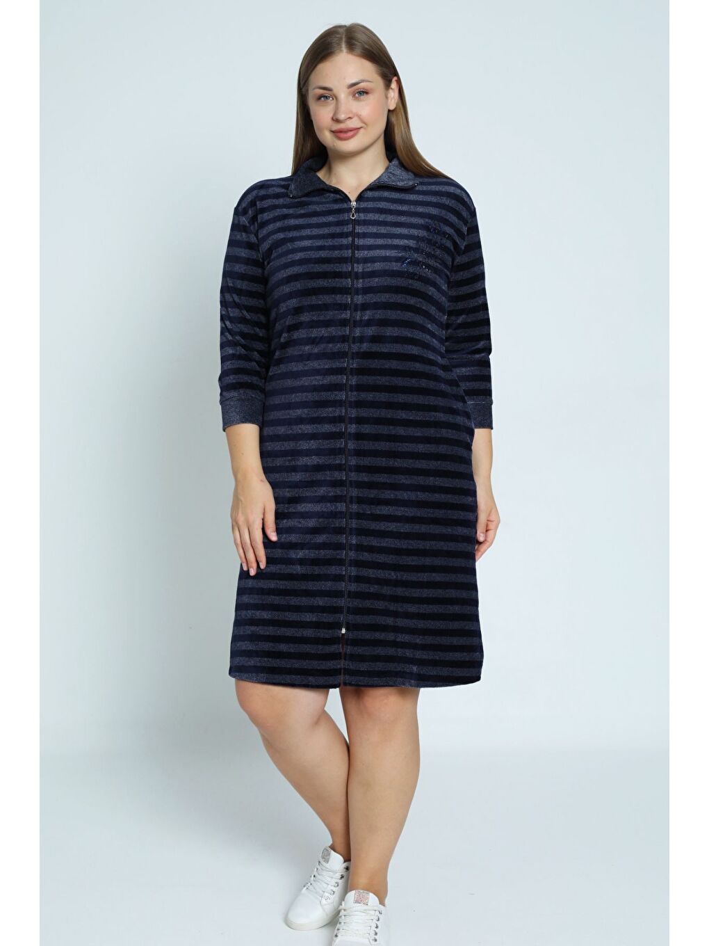 Lacivert Kadın Kahverengi Çizgi Desenli Truvakar Kollu Taş Detaylı Pamuklu Kadife Büyük Beden Elbise-1