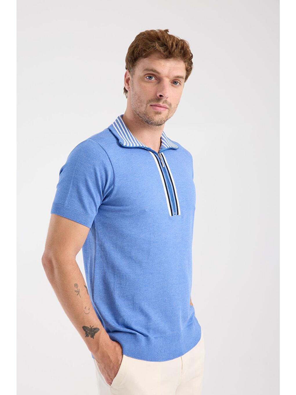Aclub Foxtrot Örme Kumaş Viskon Karışımlı Slim Fit Mavi Dik Yaka Erkek Düz Polo Shirt-4