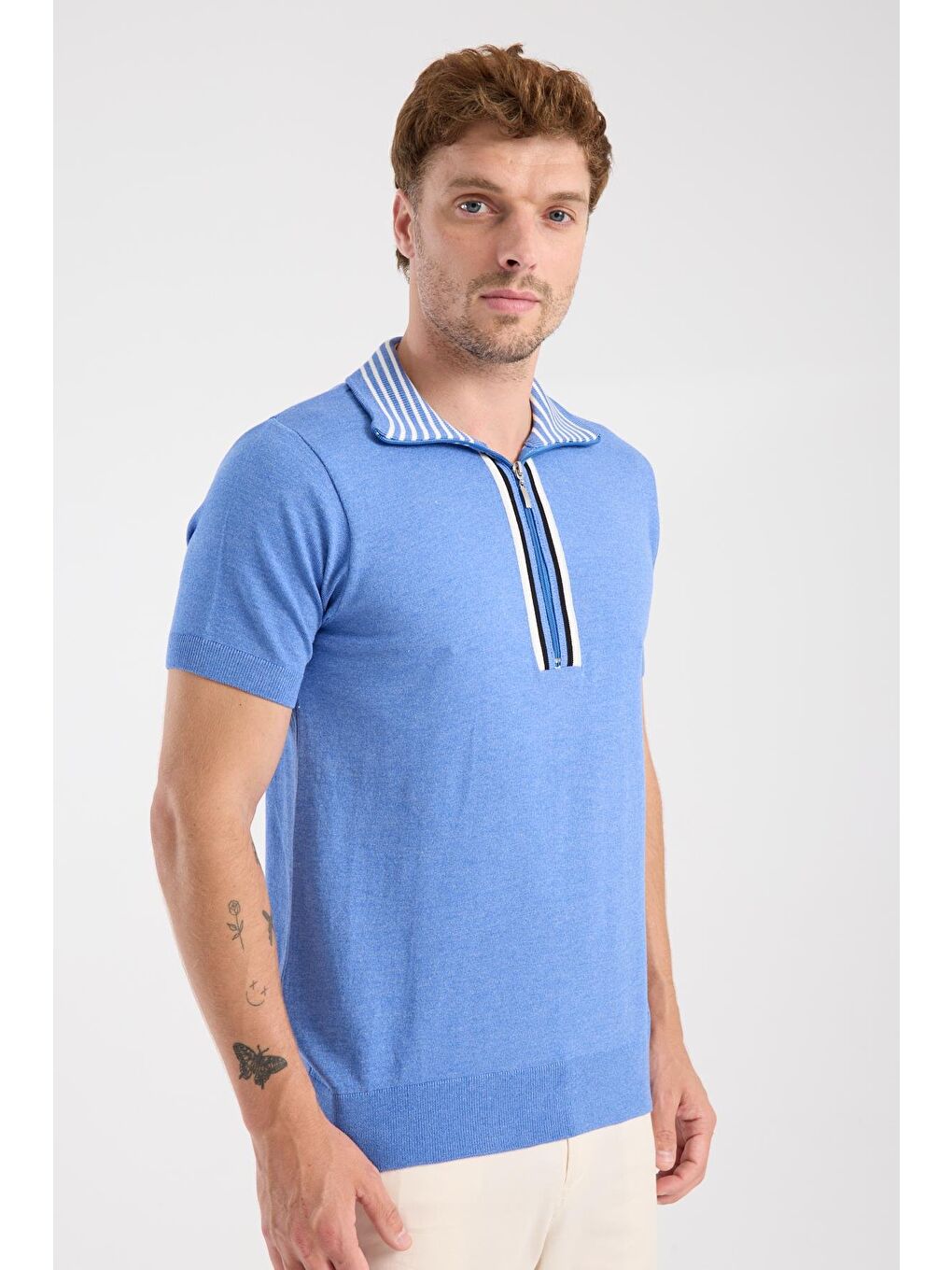 Aclub Foxtrot Örme Kumaş Viskon Karışımlı Slim Fit Mavi Dik Yaka Erkek Düz Polo Shirt-5