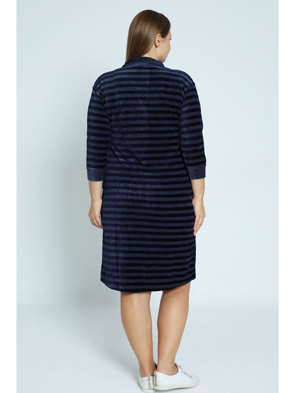 Lacivert Kadın Kahverengi Çizgi Desenli Truvakar Kollu Taş Detaylı Pamuklu Kadife Büyük Beden Elbise-3
