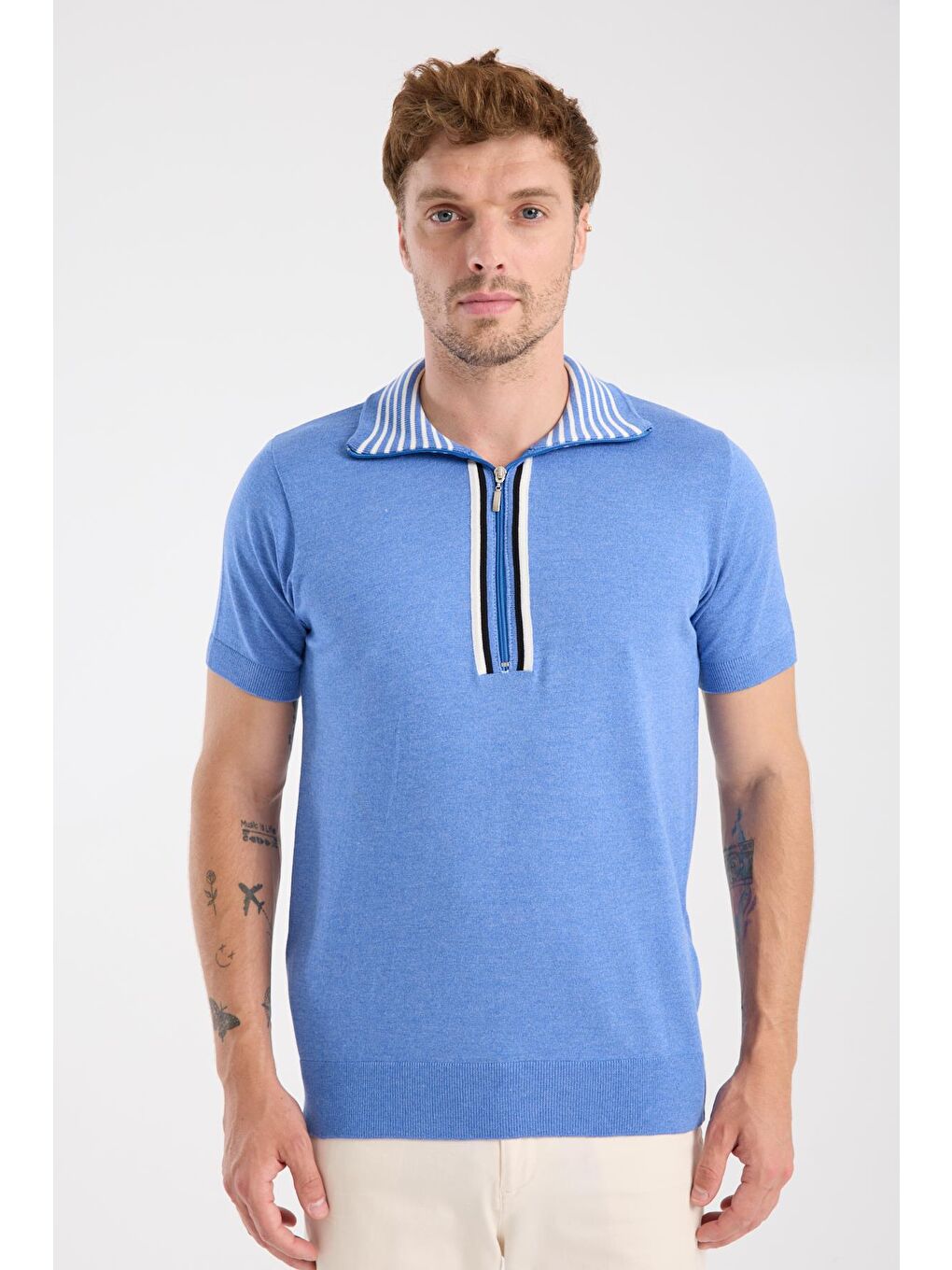 Aclub Foxtrot Örme Kumaş Viskon Karışımlı Slim Fit Mavi Dik Yaka Erkek Düz Polo Shirt-6