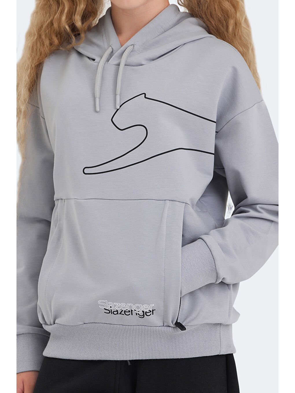 LINK Unisex Çocuk Kapüşonlu Cepli Taş Gri Sweatshırt-1