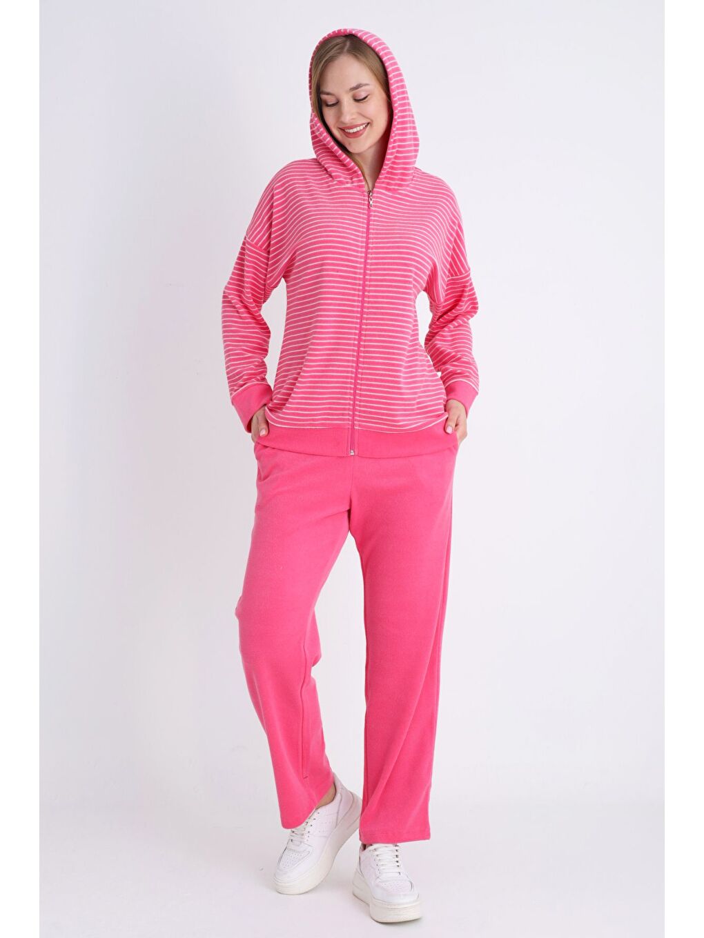 Pembe kadın pembe fermuarlı cepli uzun kollu pamuklu alt üst takım