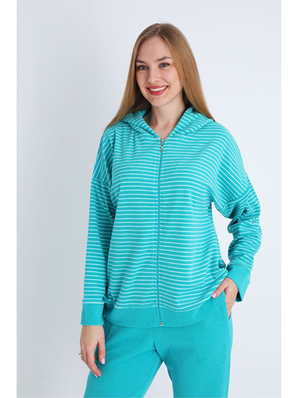 Turkuaz kadın pembe fermuarlı cepli uzun kollu pamuklu alt üst takım-1