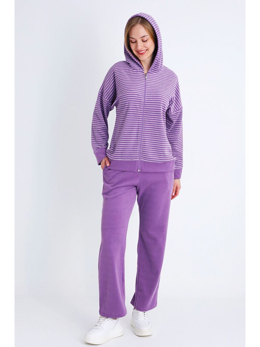 Mor kadın pembe fermuarlı cepli uzun kollu pamuklu alt üst takım