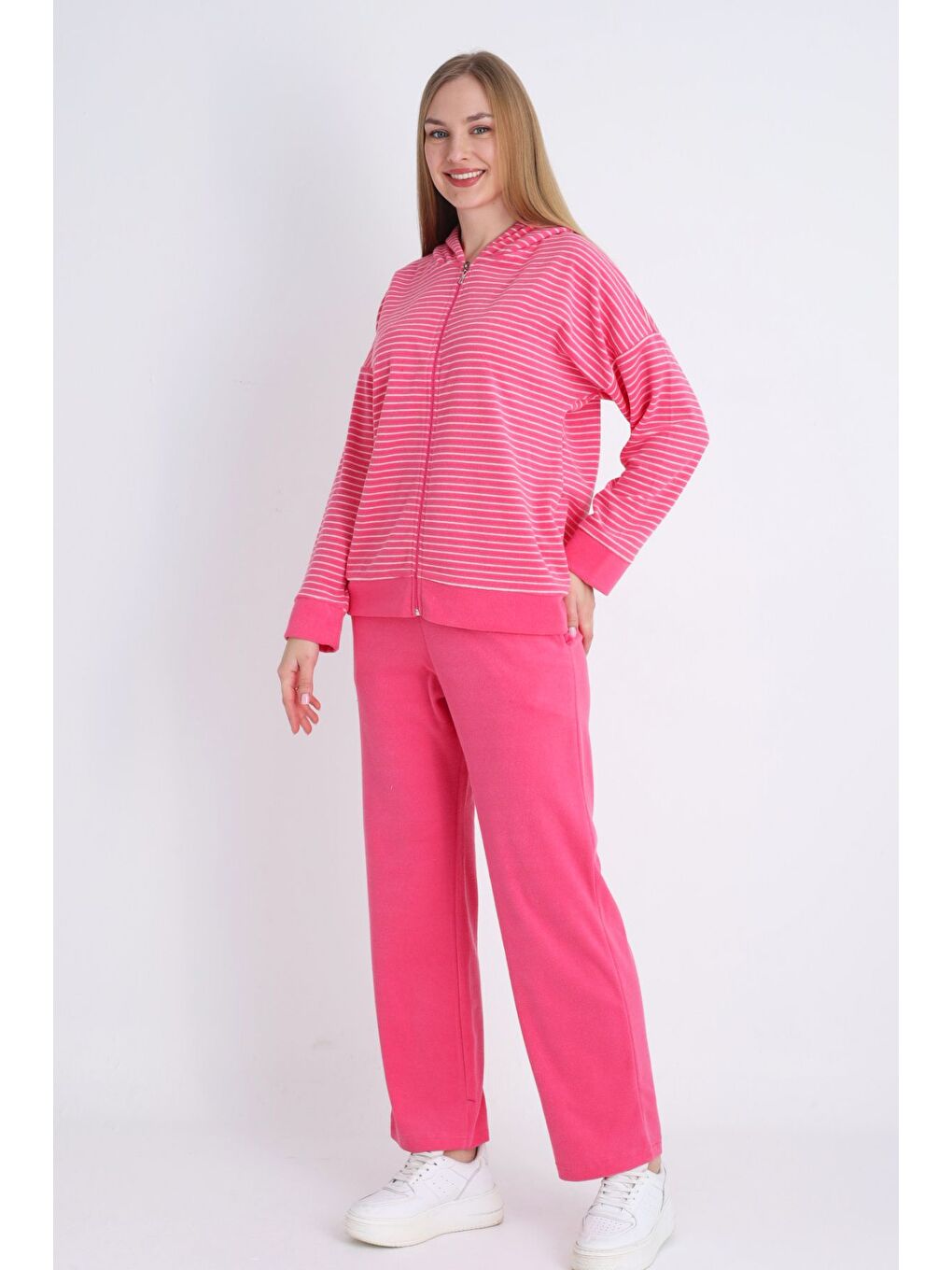 Pembe kadın pembe fermuarlı cepli uzun kollu pamuklu alt üst takım-1