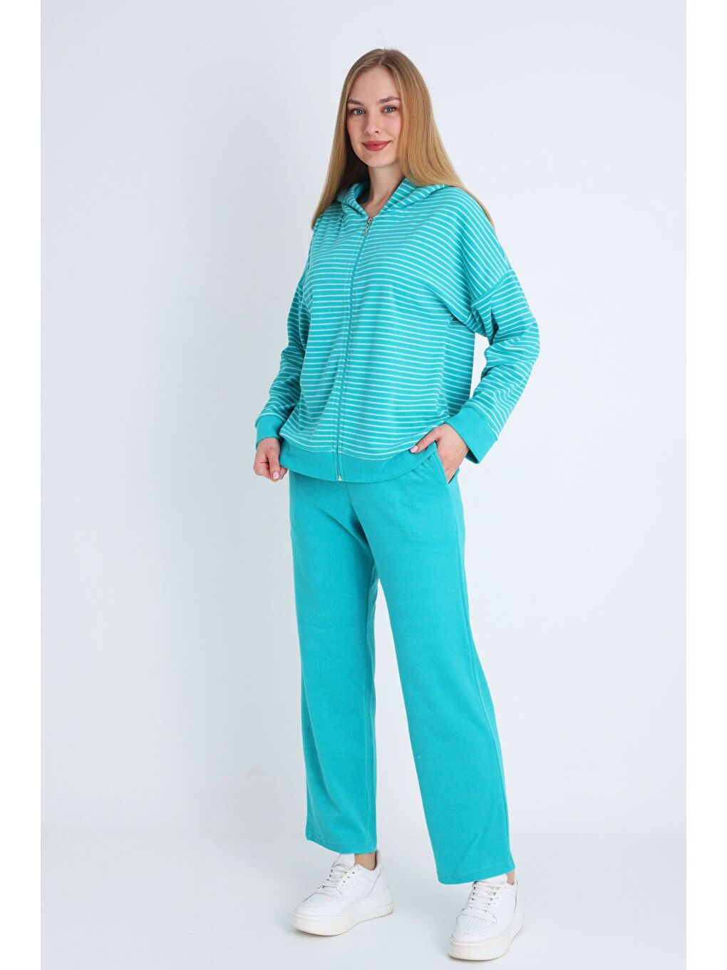 Turkuaz kadın pembe fermuarlı cepli uzun kollu pamuklu alt üst takım-2