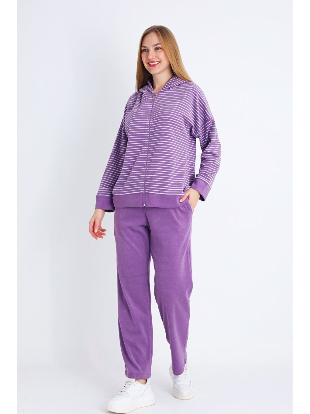 Mor kadın pembe fermuarlı cepli uzun kollu pamuklu alt üst takım-1