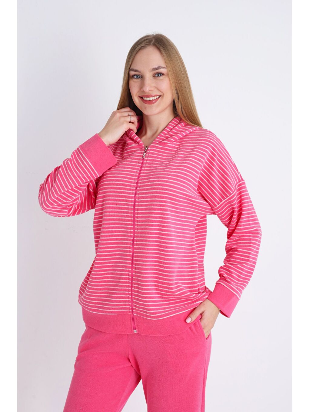 Pembe kadın pembe fermuarlı cepli uzun kollu pamuklu alt üst takım-2