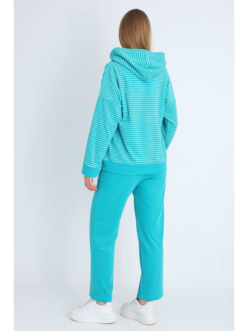 Turkuaz kadın pembe fermuarlı cepli uzun kollu pamuklu alt üst takım-3