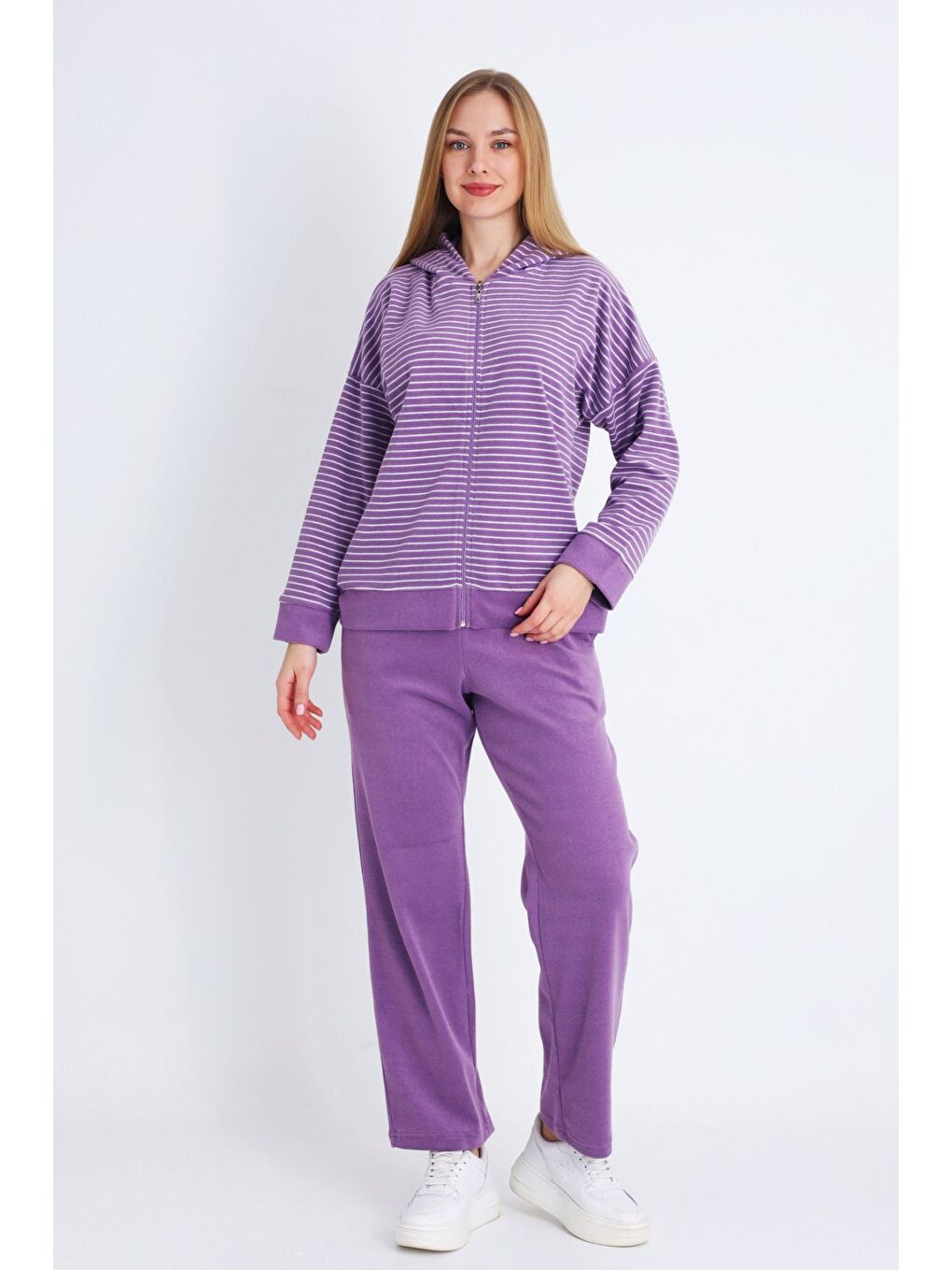 Mor kadın pembe fermuarlı cepli uzun kollu pamuklu alt üst takım-2