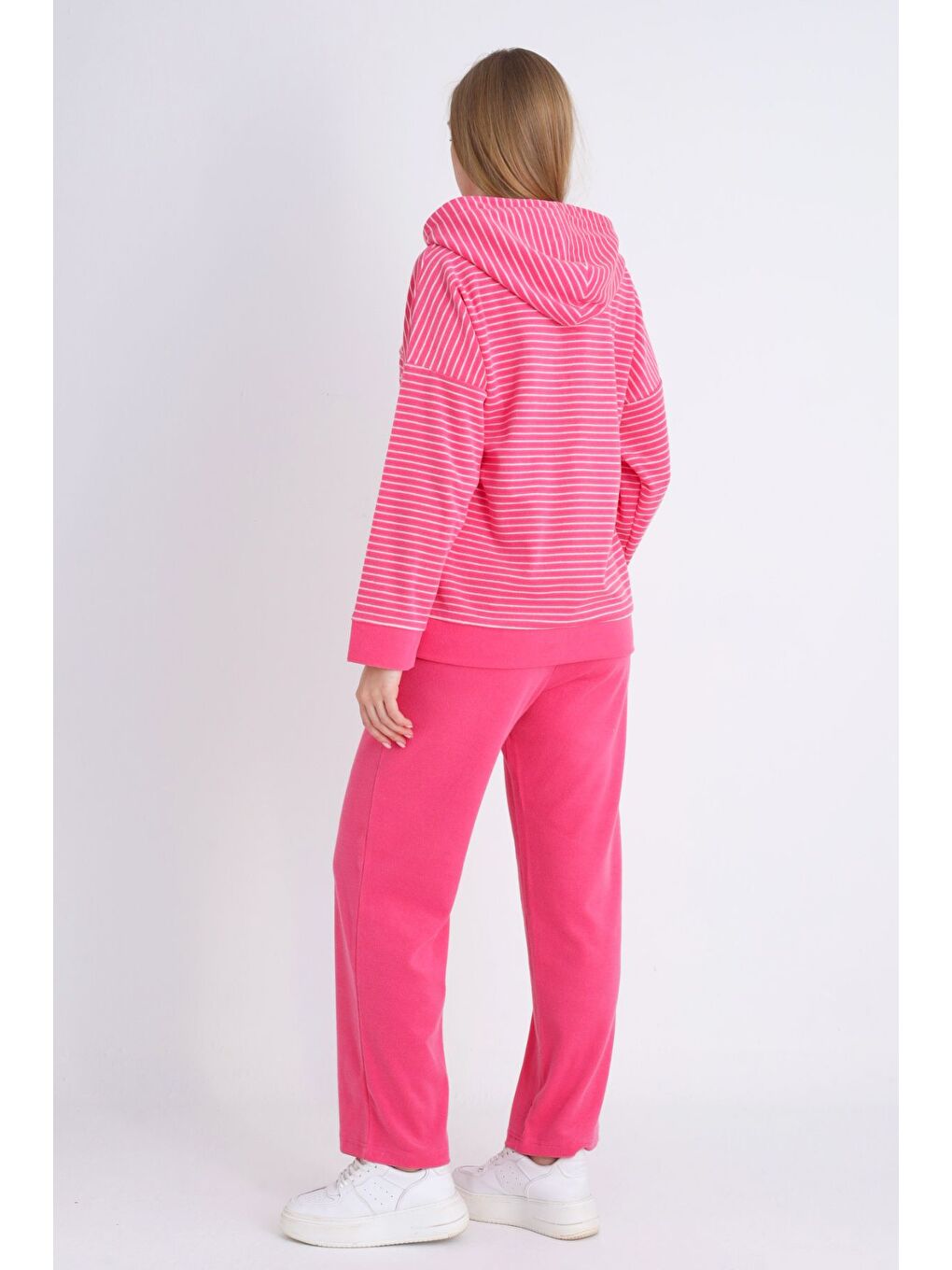Pembe kadın pembe fermuarlı cepli uzun kollu pamuklu alt üst takım-3