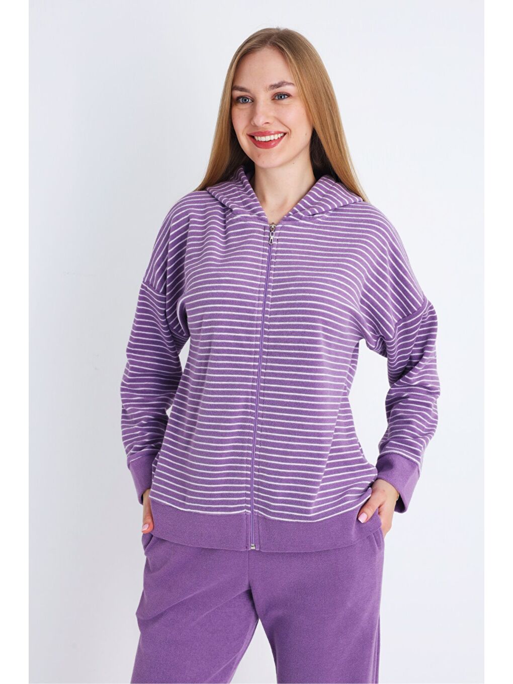 Mor kadın pembe fermuarlı cepli uzun kollu pamuklu alt üst takım-3