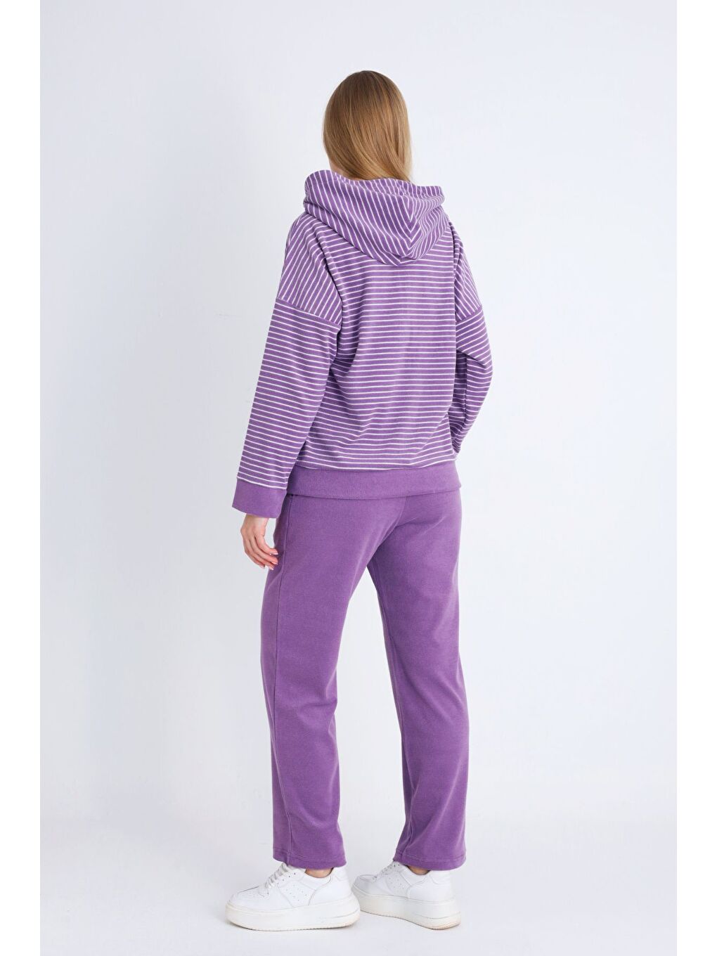 Mor kadın pembe fermuarlı cepli uzun kollu pamuklu alt üst takım-4