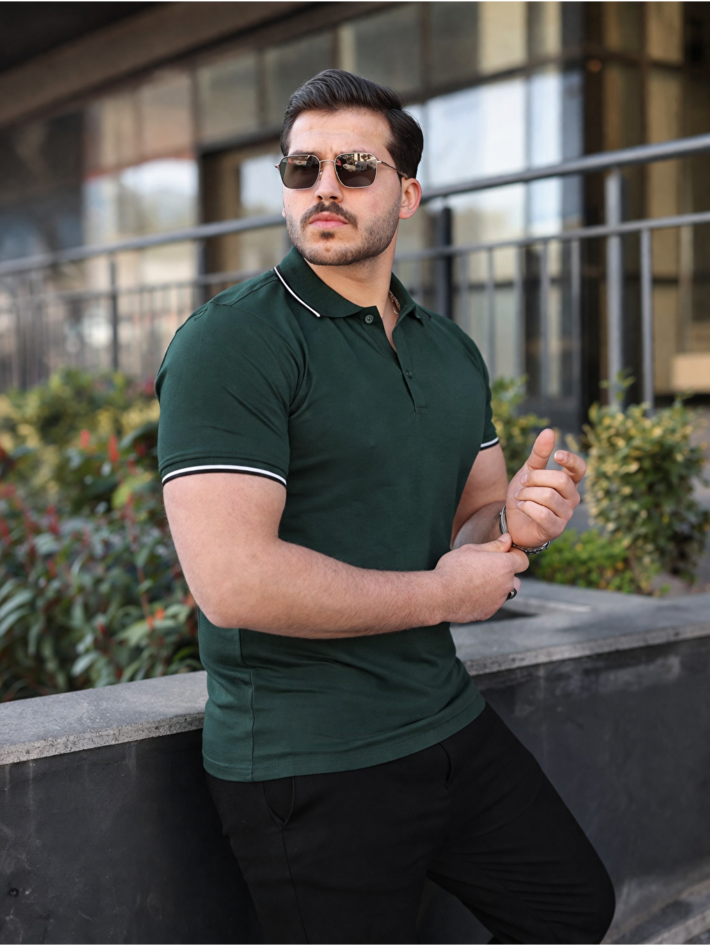 Erkek Günlük Çizgili Pamuklu Haki Polo Yaka Tişört-1