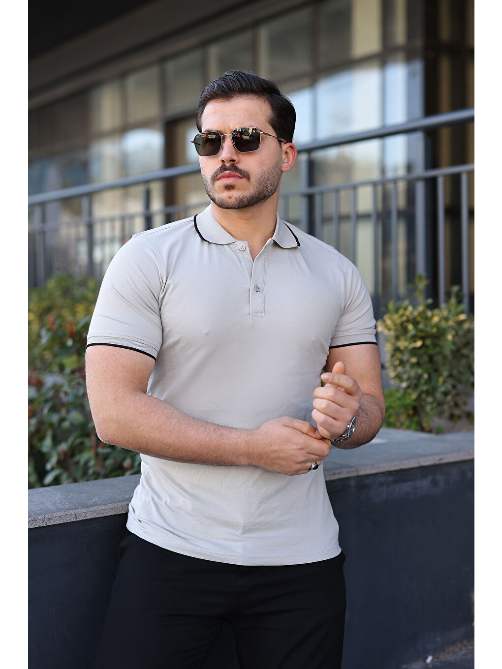 Erkek Günlük Çizgili Pamuklu Gri Polo Yaka Tişört