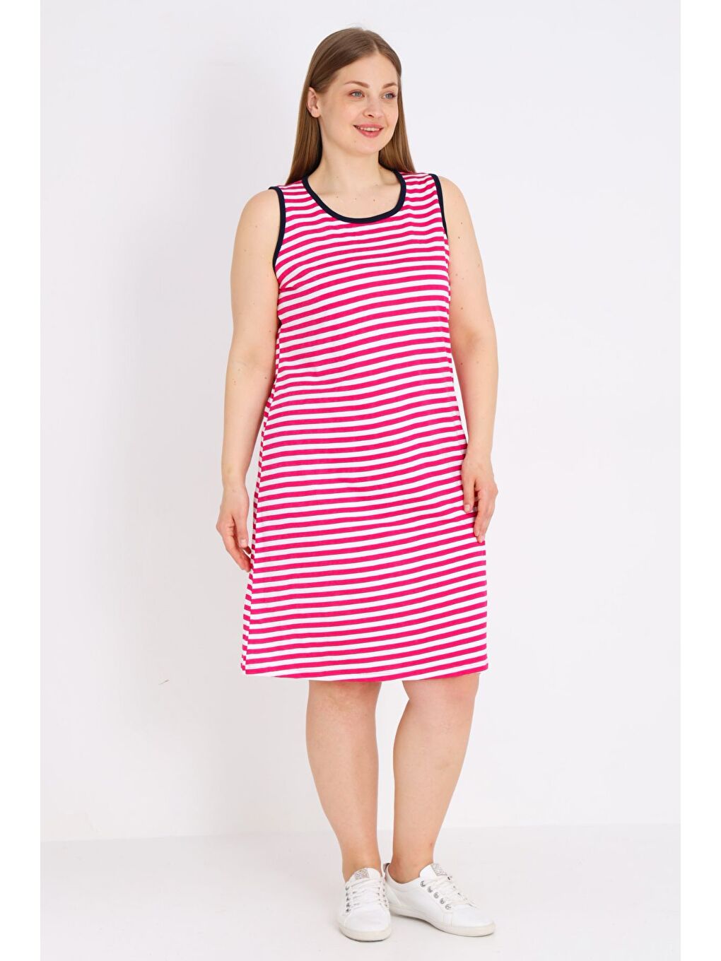 Fuşya Kadın %100 Pamuk Çizgi Desenli Askılı Biyeli Elbise-1