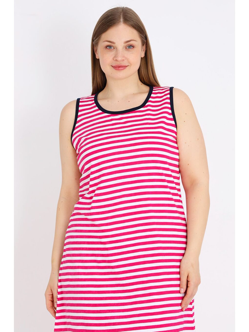 Fuşya Kadın %100 Pamuk Çizgi Desenli Askılı Biyeli Elbise-3