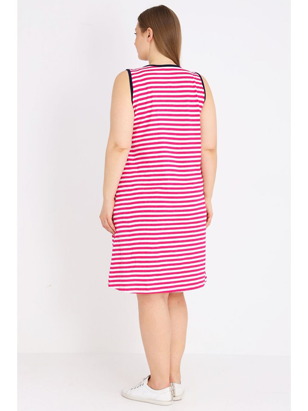 Fuşya Kadın %100 Pamuk Çizgi Desenli Askılı Biyeli Elbise-4