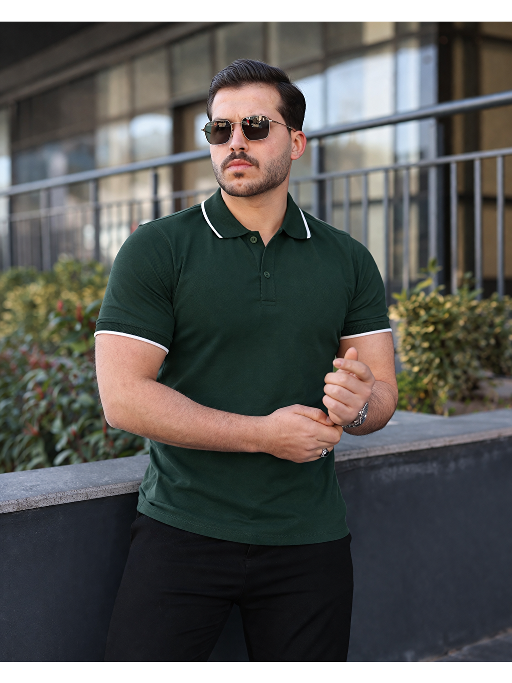 Erkek Günlük Çizgili Pamuklu Haki Polo Yaka Tişört-4