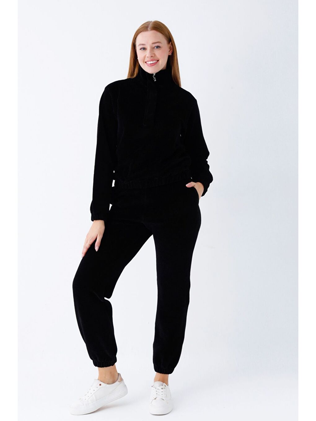 Siyah kadın haki uzun kollu cepli yakası fermuarlı pamuklu kadife Elastanlı alt üst eşofman takımı-1
