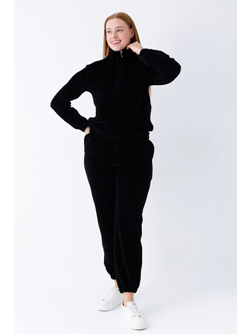 Siyah kadın haki uzun kollu cepli yakası fermuarlı pamuklu kadife Elastanlı alt üst eşofman takımı-2