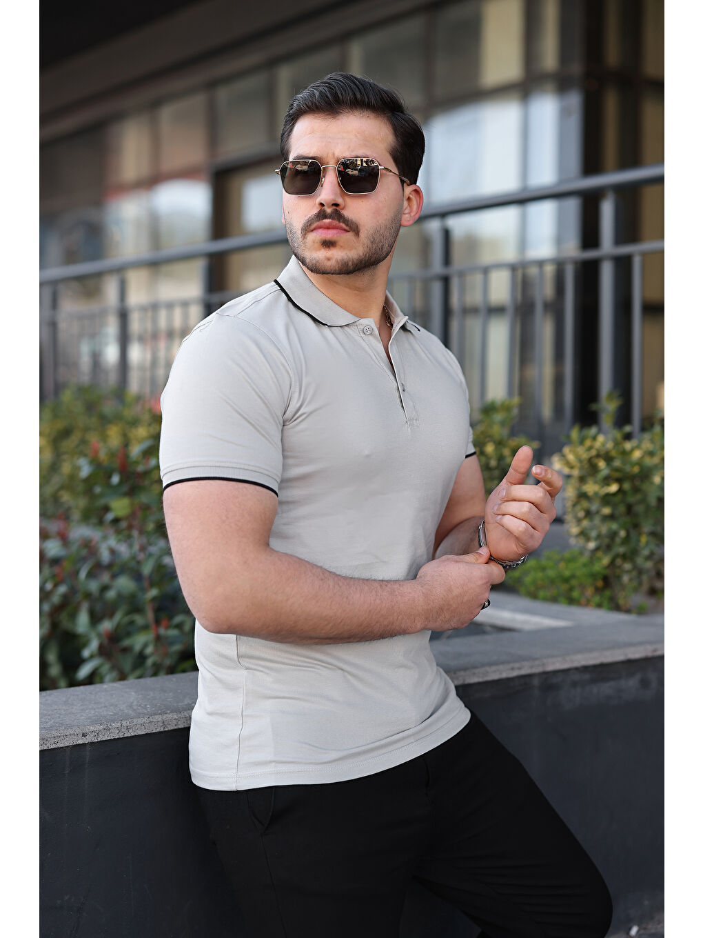 Erkek Günlük Çizgili Pamuklu Gri Polo Yaka Tişört-2