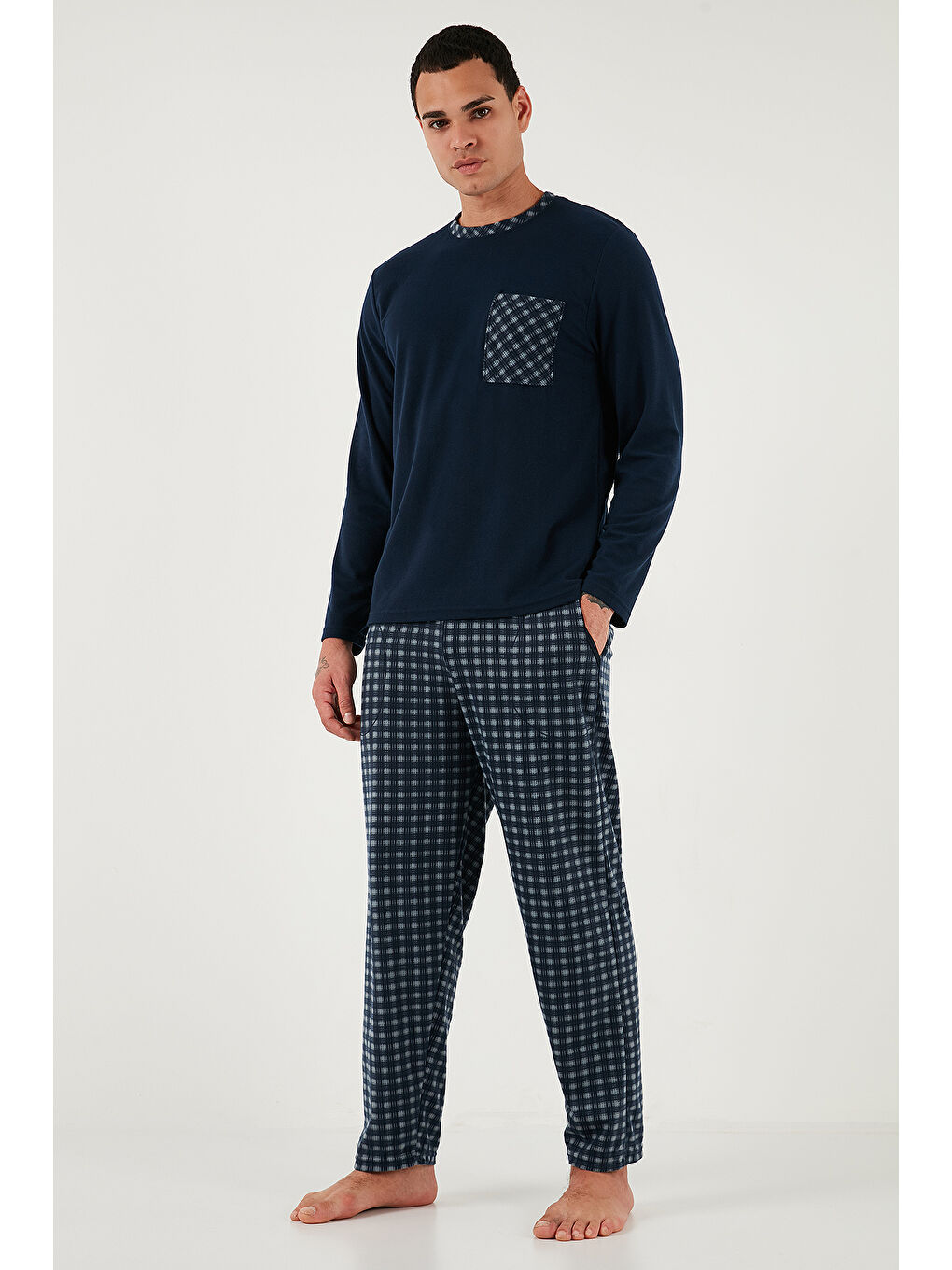 Lacivert Kareli Yumuşak Dokulu Regular Fit Uzun Kollu Pijama Takımı 609611060-3