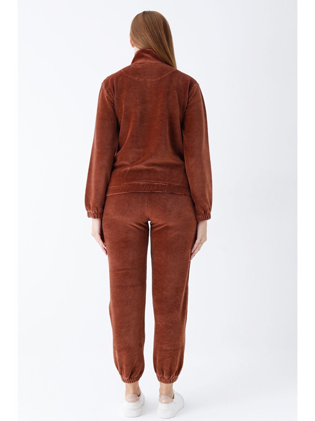 Kahverengi kadın haki uzun kollu cepli yakası fermuarlı pamuklu kadife Elastanlı alt üst eşofman takımı-5