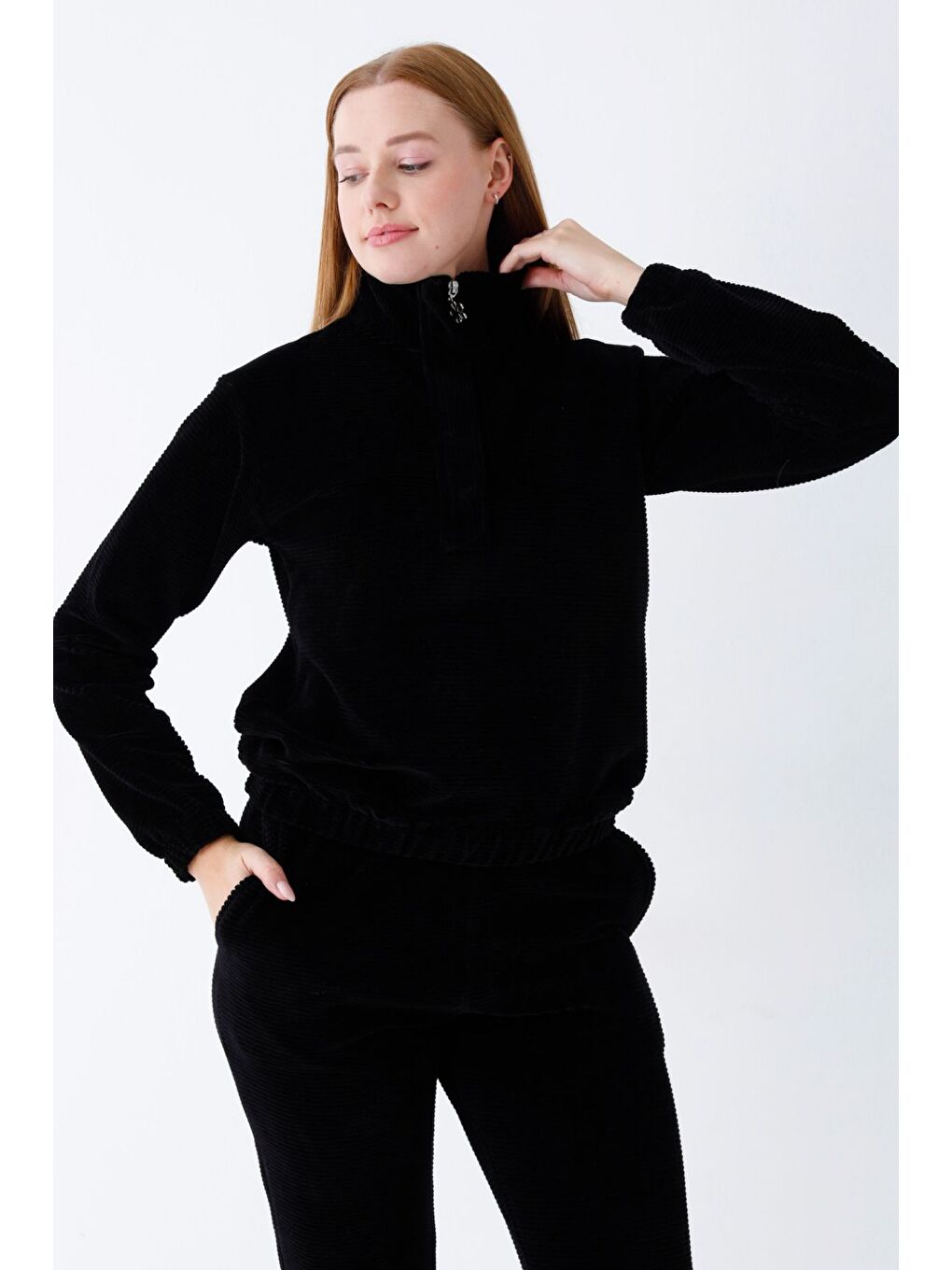 Siyah kadın haki uzun kollu cepli yakası fermuarlı pamuklu kadife Elastanlı alt üst eşofman takımı-3