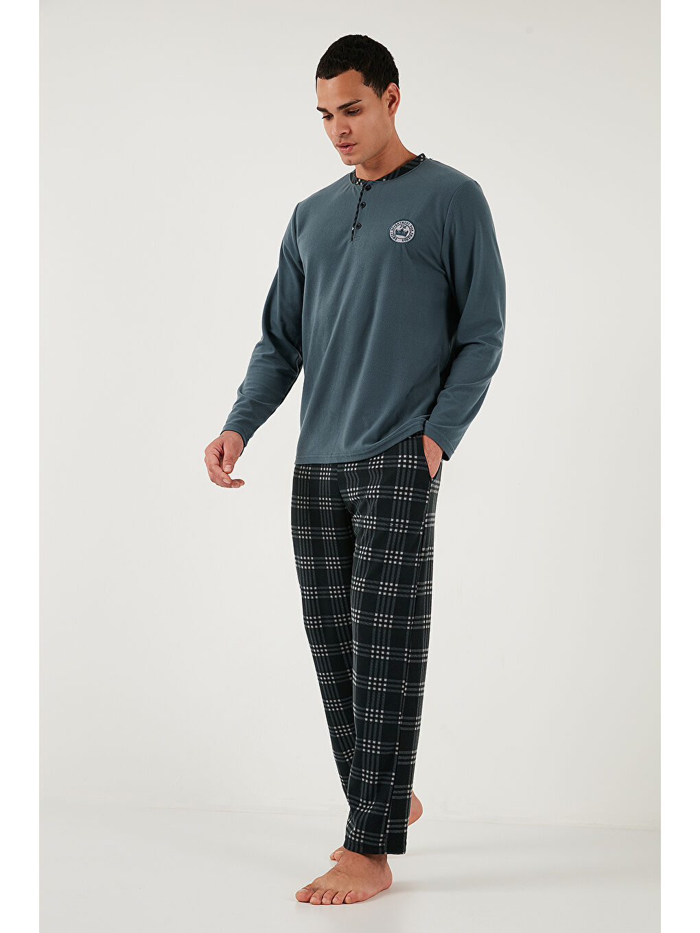 Antrasit Ekoseli Yumuşak Dokulu Regular Fit Uzun Kollu Pijama Takımı 609611030-5