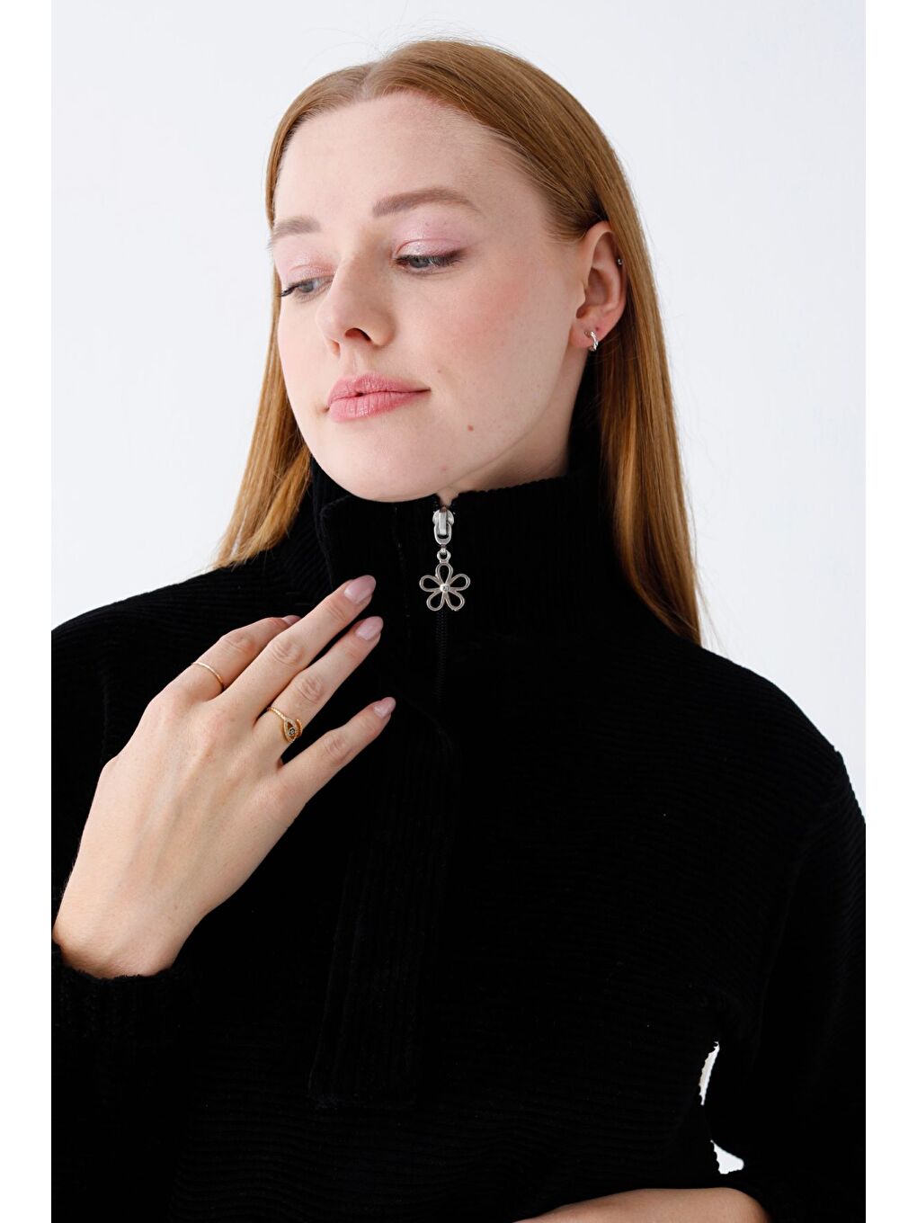 Siyah kadın haki uzun kollu cepli yakası fermuarlı pamuklu kadife Elastanlı alt üst eşofman takımı-4