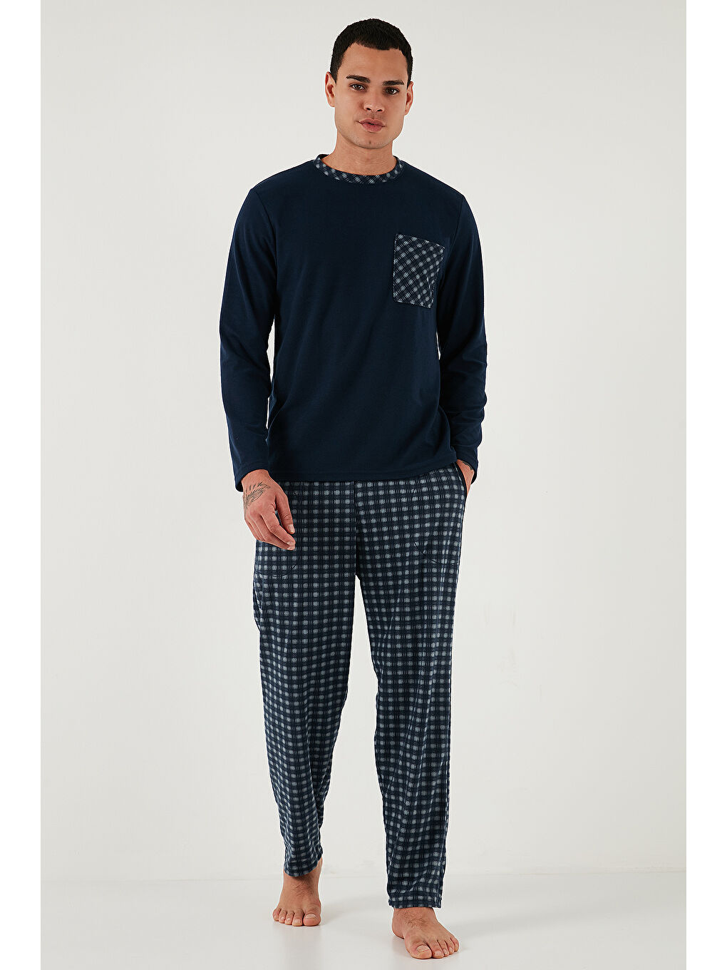 Lacivert Kareli Yumuşak Dokulu Regular Fit Uzun Kollu Pijama Takımı 609611060-4