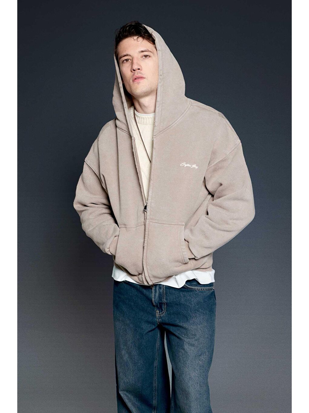 Erkek Relax Fit Yıkamalı Kapüşonlu Sweatshirt Koyu Bej