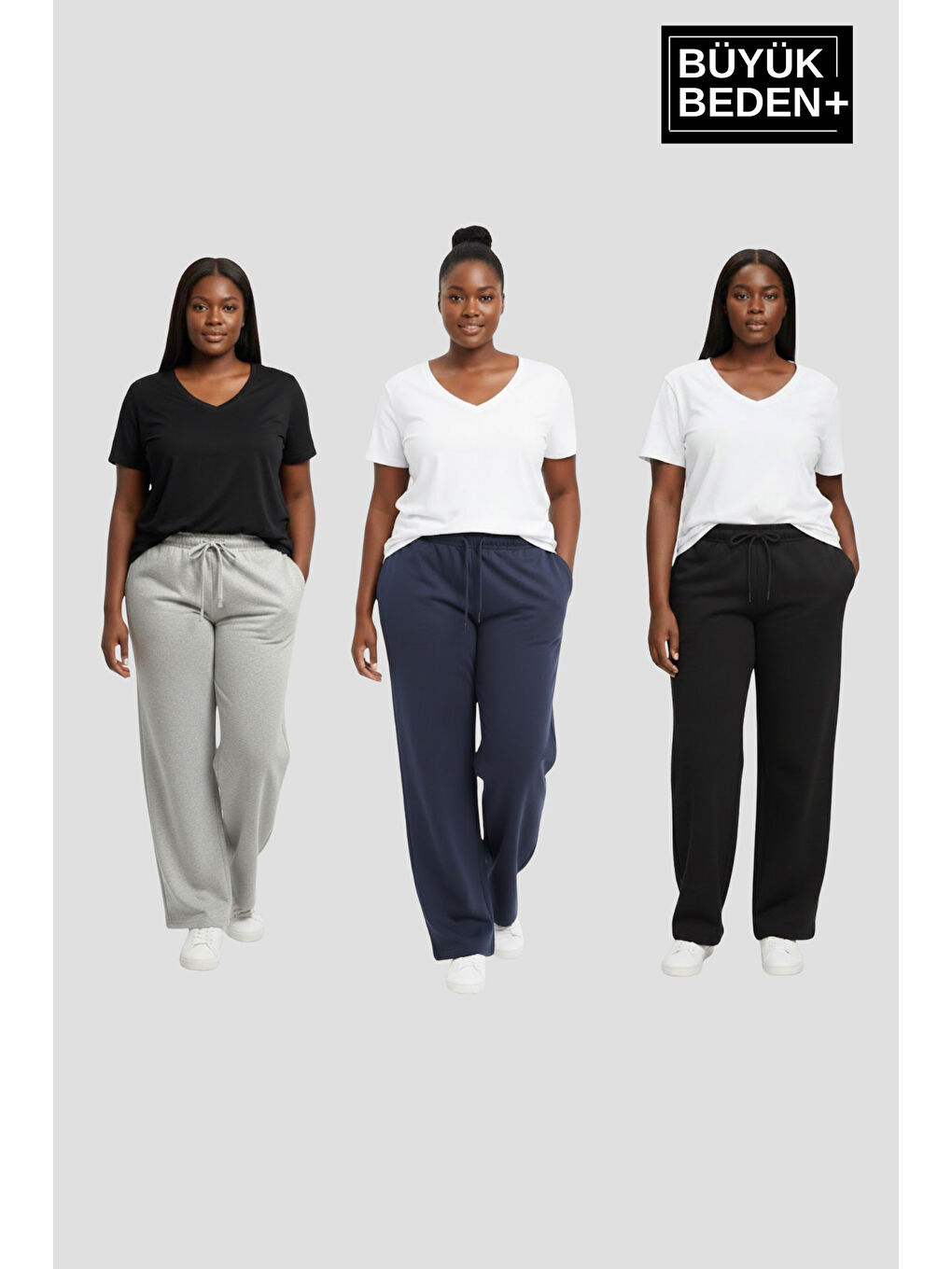 Siyah Kadın Büyük Beden Paça Reçme İnce Eşofman Altı 3’lü Set – Rahat Kalıp SPR26BEA952+3