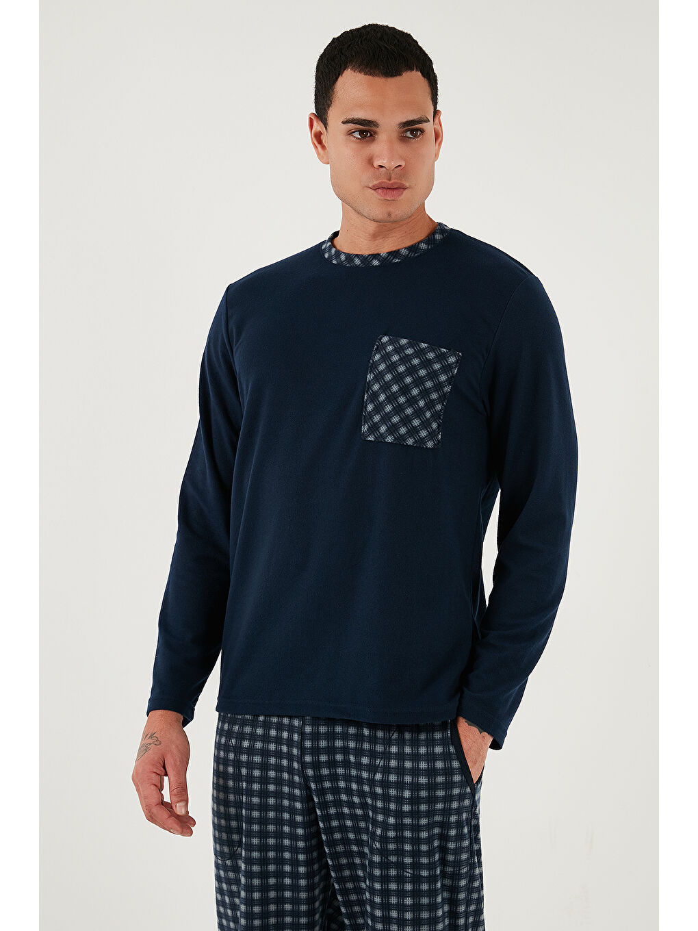 Lacivert Kareli Yumuşak Dokulu Regular Fit Uzun Kollu Pijama Takımı 609611060-5